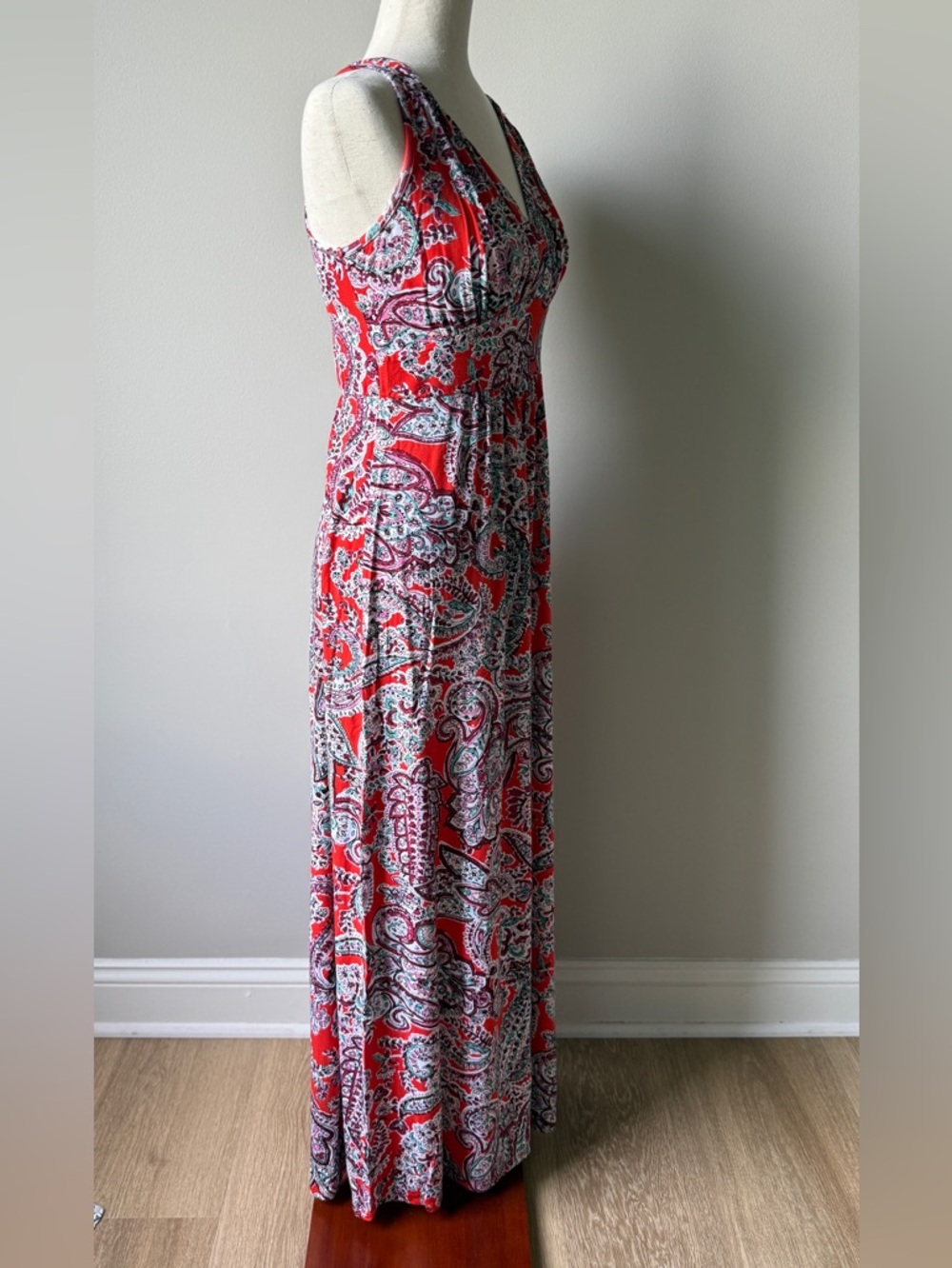 Loveappella Red Paisley Sleeveless V-Neck Boho Maxi Dress - Picture 3 of 6